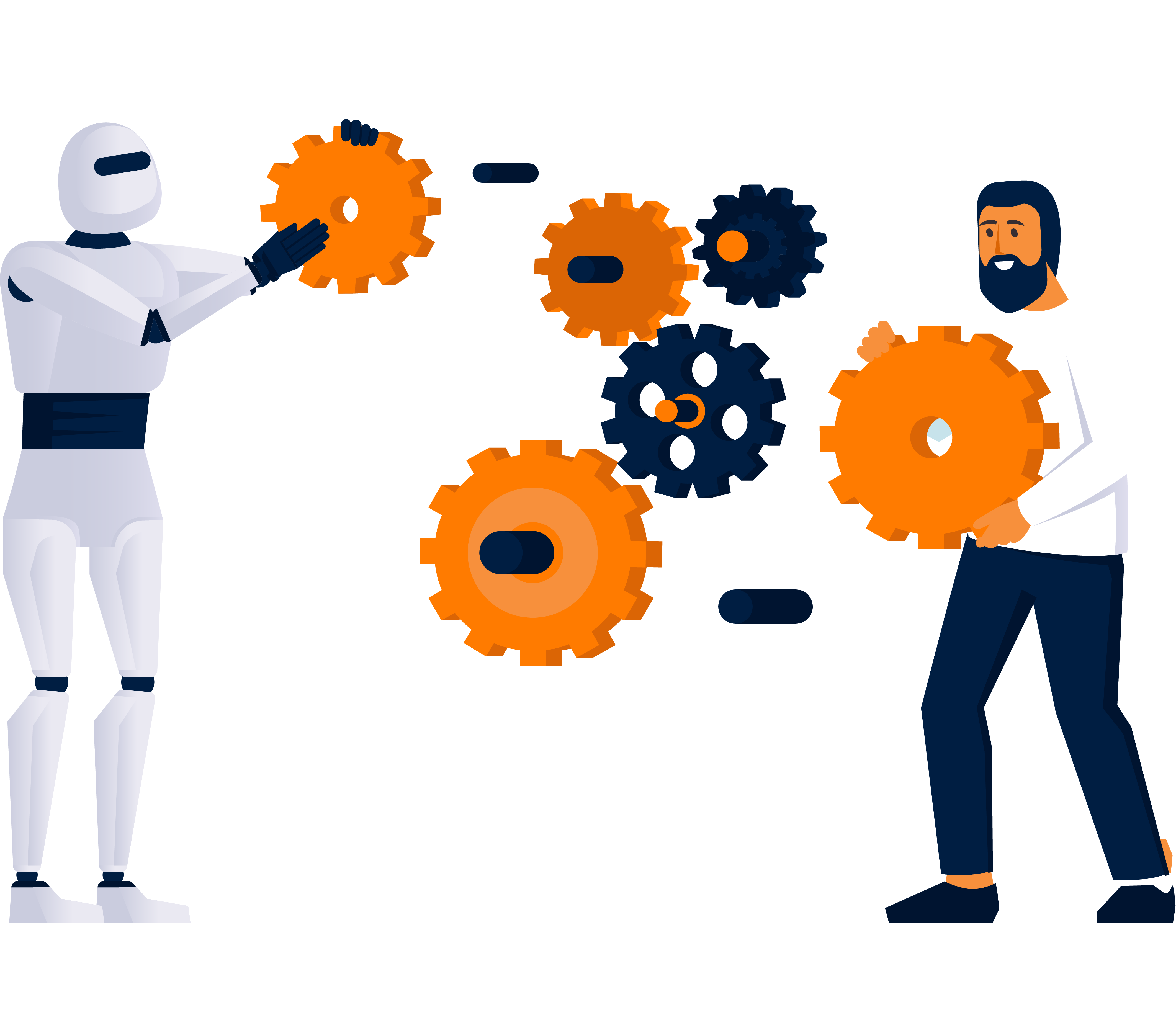 Agente de IA explicando estrategia de automatización de flujos empresariales con gráficos a directivo.